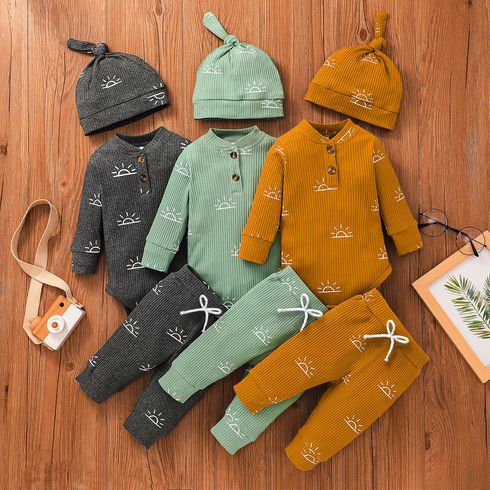 3-piece Baby Boy/Girl 95% Cotton Ribbed Long-sleeve Sun Print Button Design Romper and Elasticized Pants with Cap Set
