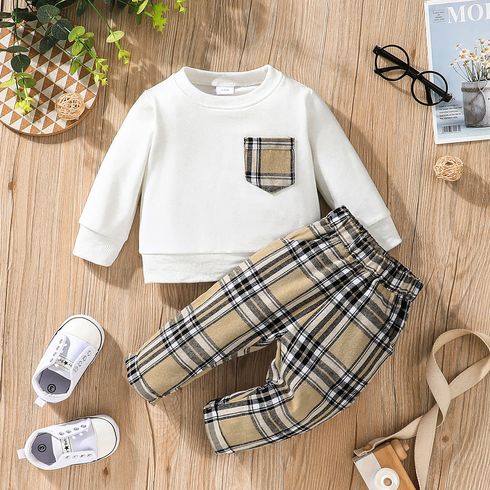 2pcs Baby Boy/Girl Long-sleeve Sweatshirt and Plaid Sweatpants Set