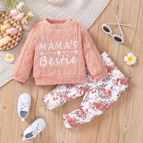 2pcs Baby Girl Letter Embroidered Imitation Knitting Long-sleeve Pullover and Floral Print Pants Set