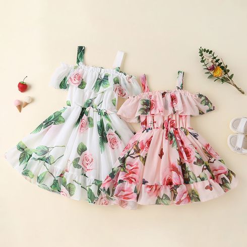 Toddler Girl Sweet Floral Print Off Shoulder Chiffon Slip Dress