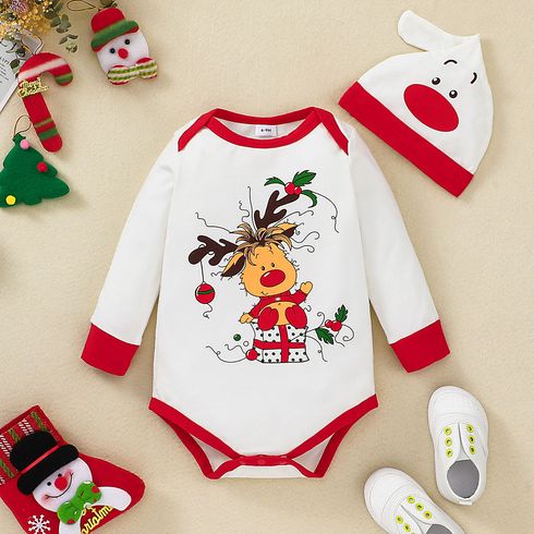 Christmas 2pcs Baby Boy/Girl 95% Cotton Long-sleeve Reindeer Print Romper with Hat Set