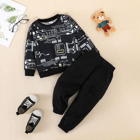2pcs Toddler Boy Trendy Allover Print Sweatshirt and Pocket Design Cargo Pants Set