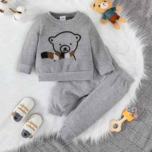 2pcs Baby Boy Bear Embroidered Grey Waffle Long-sleeve Sweatshirt and Sweatpants Set