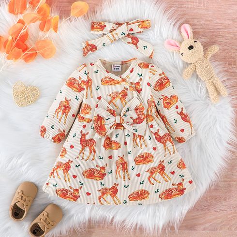 2pcs Baby Girl Allover Deer Print Bow Front Long-sleeve Waffle Dress with Headband Set