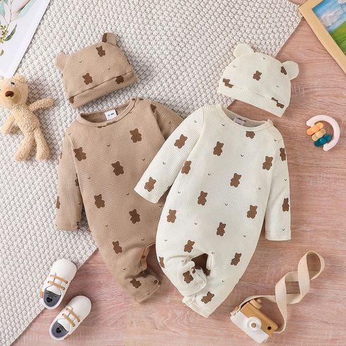 2pcs Baby Girl Allover Bear Print Long-sleeve Waffle Jumpsuit & Hat Set