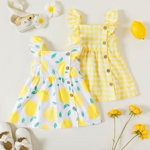 1pc Baby Girl Plaid&Lemon&Fruit Sweet Dress