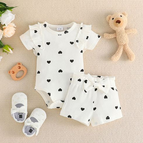 2pcs Baby Girl Allover Heart Print Cotton Ribbed Ruffled Romper and Bow Front Shorts Set OffWhite big image 1