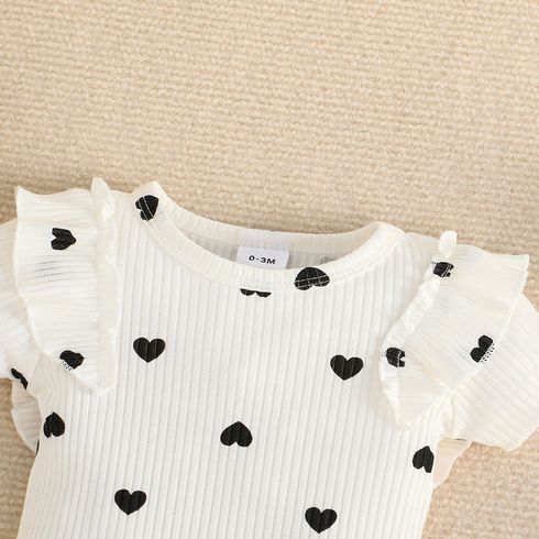 2pcs Baby Girl Allover Heart Print Cotton Ribbed Ruffled Romper and Bow Front Shorts Set OffWhite big image 3