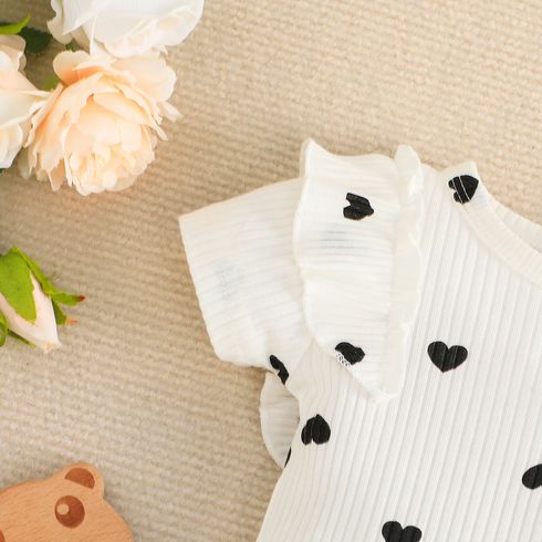2pcs Baby Girl Allover Heart Print Cotton Ribbed Ruffled Romper and Bow Front Shorts Set OffWhite big image 4