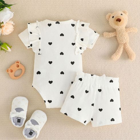 2pcs Baby Girl Allover Heart Print Cotton Ribbed Ruffled Romper and Bow Front Shorts Set OffWhite big image 2