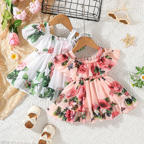 Toddler Girl Sweet Floral Print Off Shoulder Chiffon Slip Dress