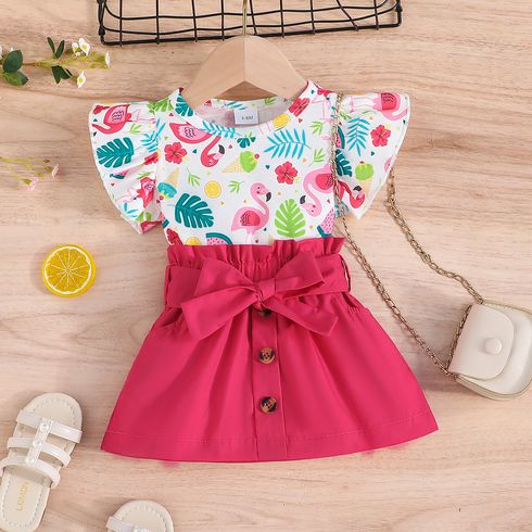 2pcs Baby Girl Flamingo Plant Print Flutter-sleeve Top and Belted Skirt Set 