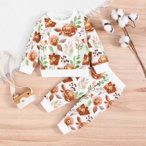 2pcs Baby Girl Allover Floral Print Sweatshirt and Pants Set 
