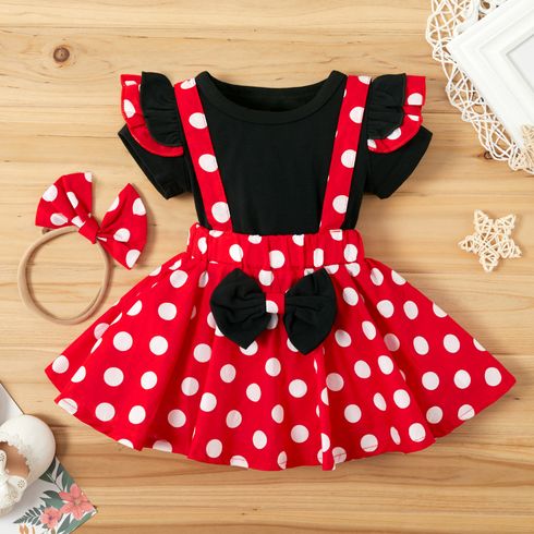 3pcs Baby Girl 95% Cotton Ruffle Short-sleeve Top and Polka Dots Bowknot Suspender Skirt with Headband Set