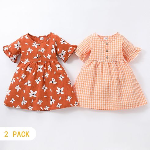 2-Pack Toddler Girl 100% Cotton Floral Print/Plaid Button Design Ruffled Short-sleeve Dress