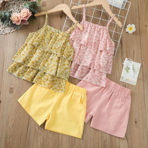2pcs Toddler Girl Floral Print Layered Camisole and Elasticized Solid Color Shorts Set