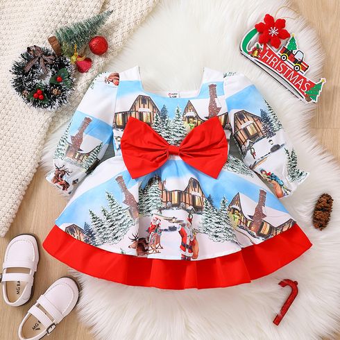 Christmas Baby Girl Allover Print Square Neck Puff-sleeve Bow Front Ruffle Hem Party Dress