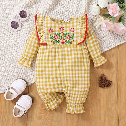 Baby Girl 100% Cotton Gingham Floral Embroidered Ruffle Trim Long-sleeve Jumpsuit