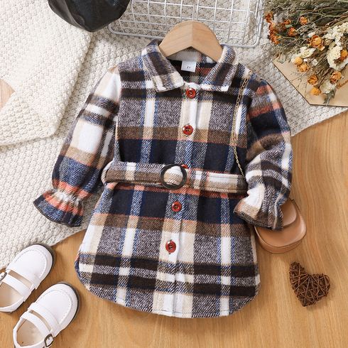 Toddler Girl Classic Plaid Lapel Collar Belted Coat