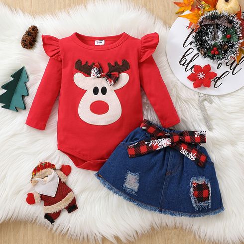 Christmas 2pcs Baby Girl 100% Cotton Ripped Denim Skirt and Deer Graphic Ruffle Long-sleeve Romper Set
