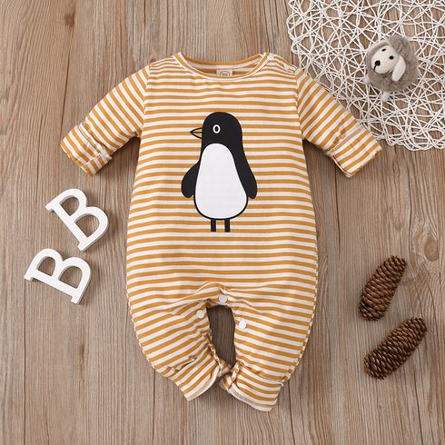 Penguin and Stripe Print Long-sleeve Baby Jumpsuit