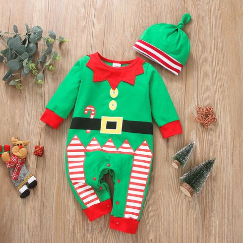 2-piece Baby Girl Christmas Striped Colorblock Long-sleeve Jumpsuit and Knotted Cap Set