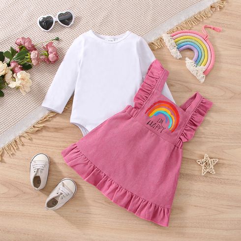 2pcs Baby Girl 95% Cotton Long-sleeve Romper and Rainbow & Letter Print Corduroy Ruffle Overall Dress Set
