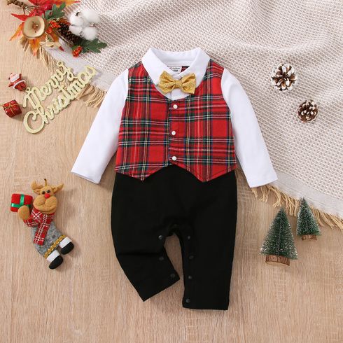 Christmas Baby Boy 95% Cotton Gentleman Bow Tie Red Plaid Long-sleeve Faux-two Jumpsuit Party Outfits
