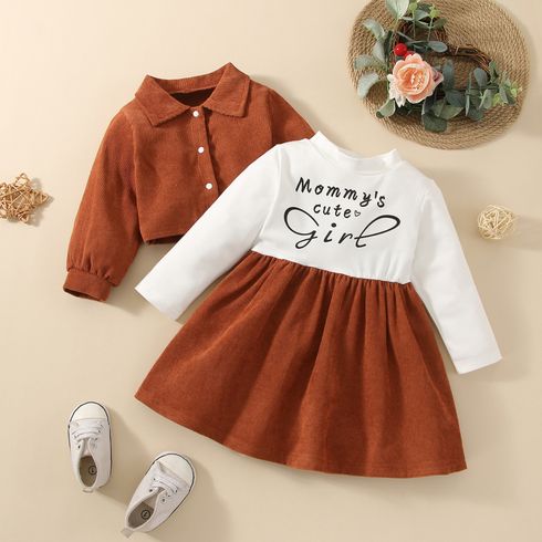 2pcs Baby Girl Letter Print Mock Neck Long-sleeve Spliced Dress and Corduroy Jacket Set