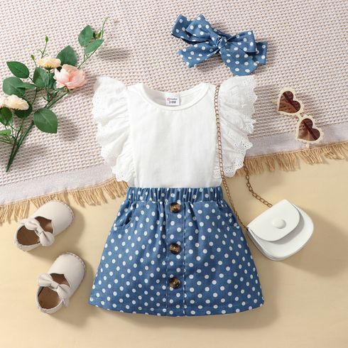 3pcs Baby Girl 95% Cotton Ruffle-sleeve Top & Polka Dots Skirt & Bow Headband Set