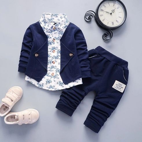 2pcs Baby Boy 95% Cotton Long-sleeve Faux-two Floral Print Top and Pants Set