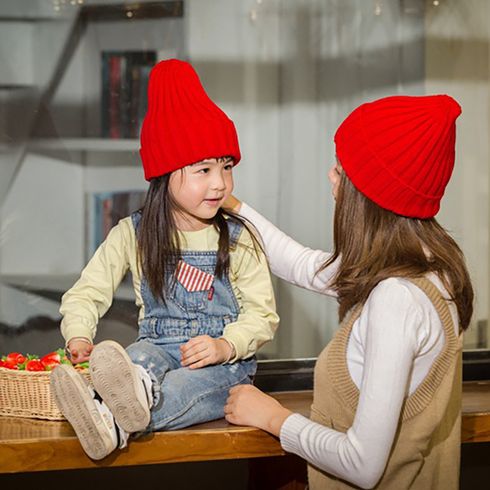 Red Ribbed Cuffed Beanie Hat for Mom and Me