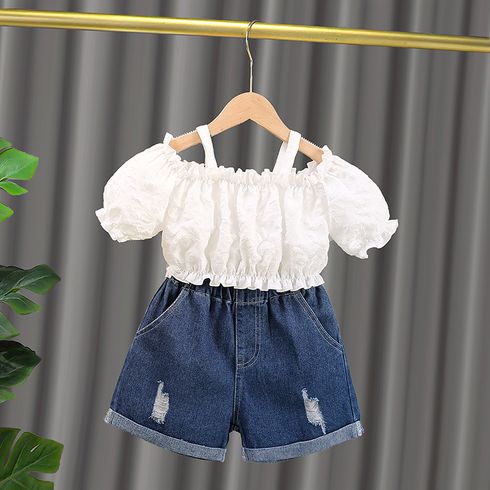 2pcs Toddler Gurl Ruffled Textured Short-sleeve White Strap Blouse and Ripped Denim Jeans Shorts Set