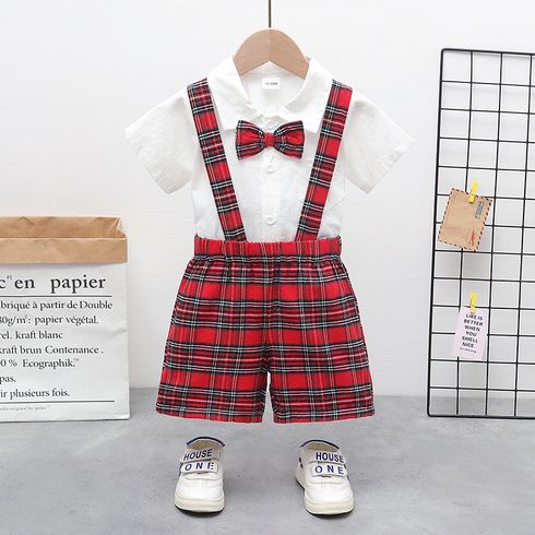 2pcs Toddler Boy Gentleman Suit, Bow tie Design White Shirt and Plaid Suspender Shorts Set