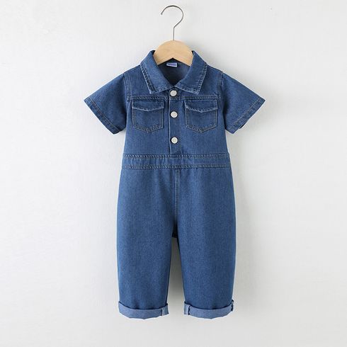 Toddler Girl 100% Cotton Lapel Collar Button Design Short-sleeve Denim Jumpsuits