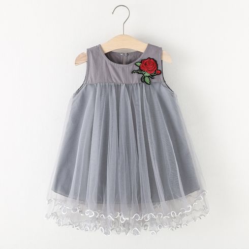 Toddler Girl Floral Embroidered Mesh Design Sleeveless Party Dress