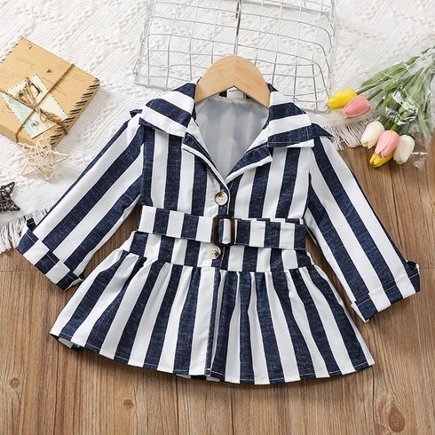 Toddler Girl Lapel Collar Stripe Belted Button Design Hooded Trench Coats