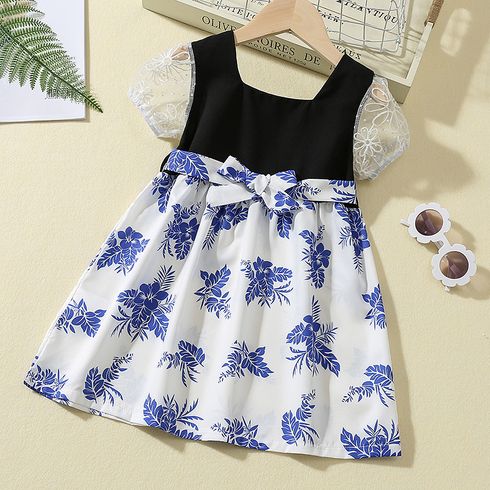 Toddler Girl Floral Print Lace Cap-sleeve Square Neck Dress