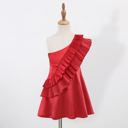 Toddler Girl Sweet One Shoulder Flounce Sleeveless Red Party Evening Dress