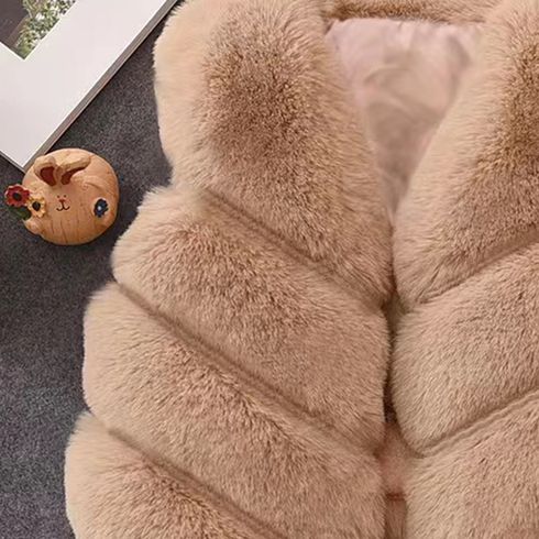 Toddler Girl Trendy Button Design Fuzzy Faux Fur Vest Coat Khaki big image 3