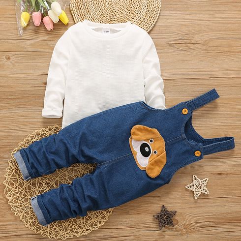 2pcs Toddler Boy Waffle Long-sleeve White Tee and Dog Patch Embroidered Denim Overalls Set