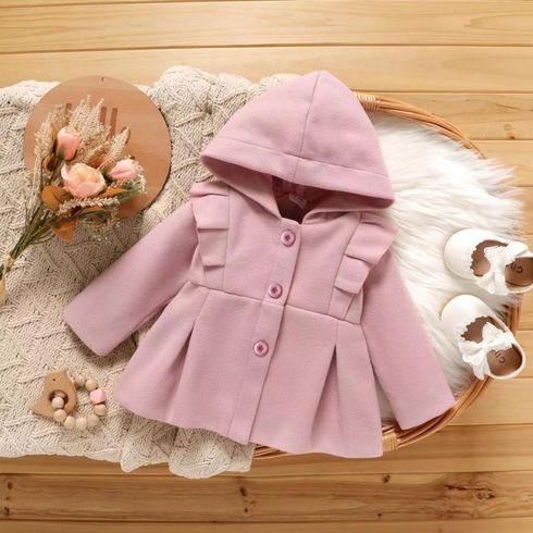 Baby Girl Pink Ruffle Trim Single Breasted Hooded Long-sleeve Coat