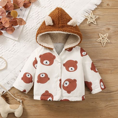 Baby Girl Fleece Hooded Spliced Allover Bear Print Button Front Long-sleeve Thermal Lined Coat
