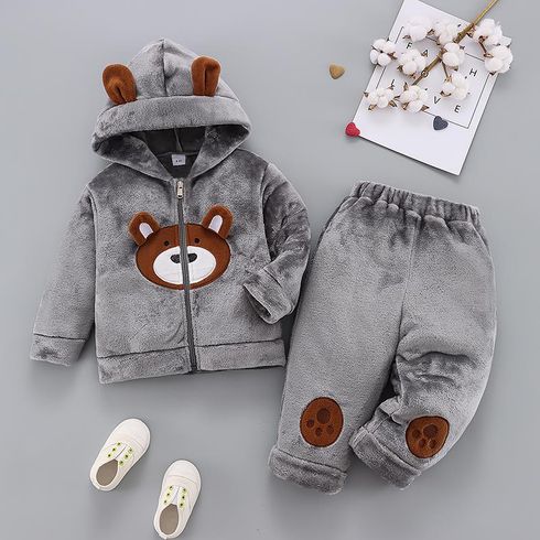 2pcs Toddler Boy Playful Bear Embroidered Fleece Hooded Jacket and Pants Set
