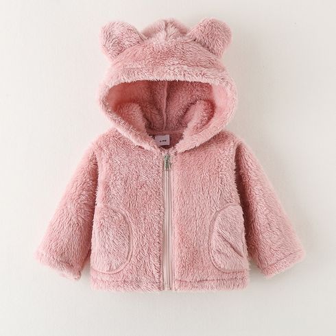 Baby Girl Pink Thermal Fuzzy 3D Ears Hooded Coat