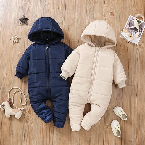 Baby Boy/Girl Solid Hooded Long-sleeve Footed Thermal Thickened Winter Jumpsuit