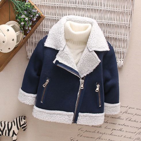 Toddler Girl/Boy Lapel Collar Zipper Fuzzy Berber Fleece Coat Dark Blue big image 1