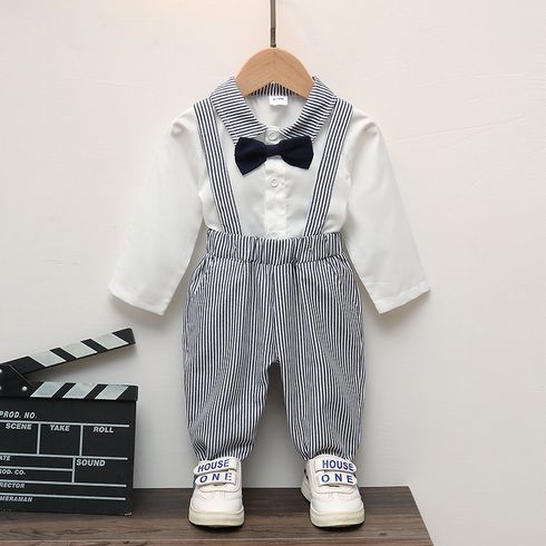 2pcs Baby Boy Gentleman Bow Tie Front Long-sleeve Shirt and Pinstriped Suspender Pants Set