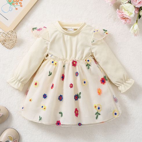 Baby Girl Allover Colorful Floral Embroidered Mesh Spliced Rib Knit Long-sleeve Dress