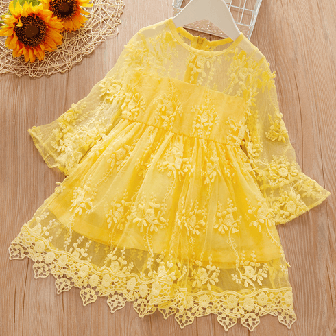 Toddler Girl Floral Embroidery Lace Flare-sleeve Dress